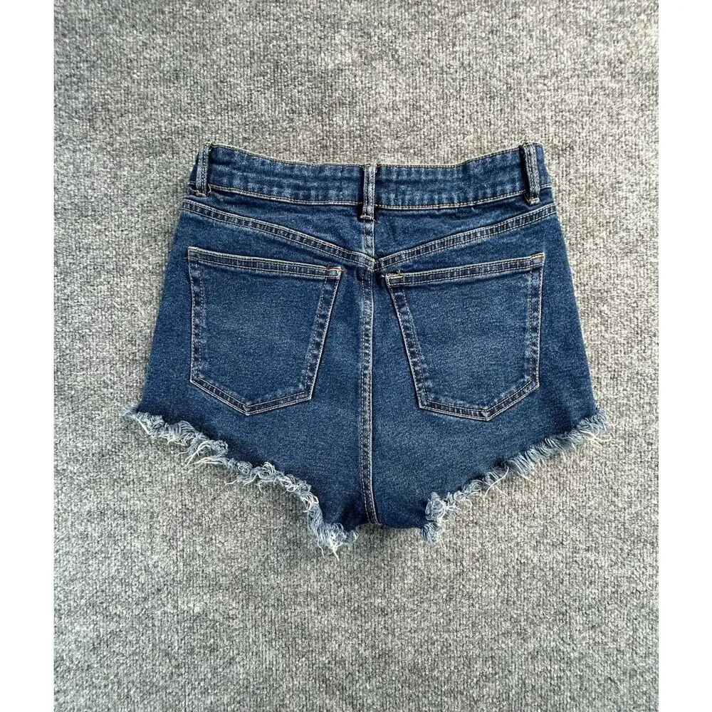 Zara High Rise Distressed Cutoff Shorts Women's US 6 Medium Wash Frayed Hem - Picture 2 of 7